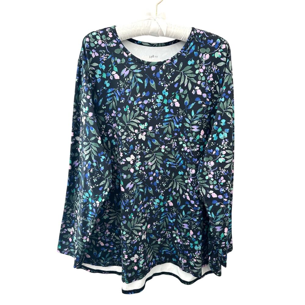 J.JILL Fit Floral Performance Tee Blue Green Long Sleeve Soft Stretch Top | 2X